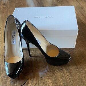 JIMMY CHOO Cosmic Black Patent Leather Platform Pump 36.5